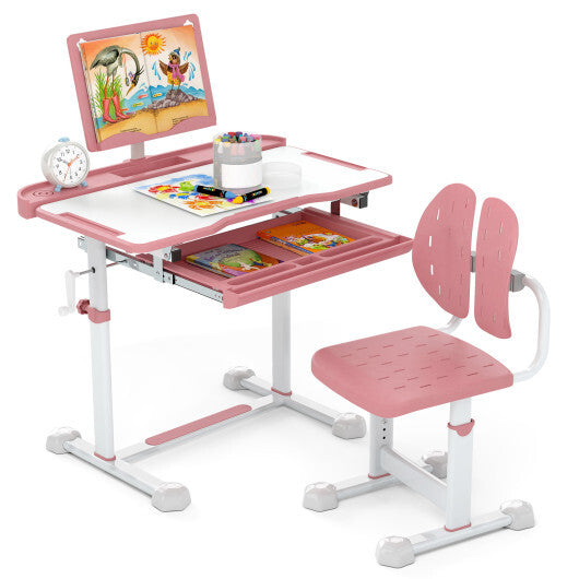 Kid's Study Desk and Chair Set with Tilt Desktop and Book Stand-Blue W2B