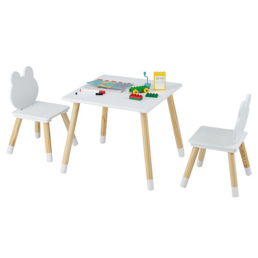 3 Pieces Kids Wooden Table and Chair Set with Cute Froggy Design-White