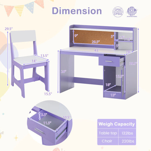 Kids Study Desk and Chair Set Student Table and Chair-Purple