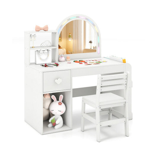 Kids Vanity Table and Chair Set with Lighted Mirror for Kids Aged 3+ Years Old-White W2B