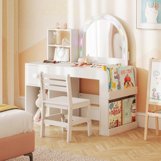 Kids Vanity Table and Chair Set with Lighted Mirror for Kids Aged 3+ Years Old-White W2B