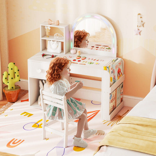Kids Vanity Table and Chair Set with Lighted Mirror for Kids Aged 3+ Years Old-White W2B