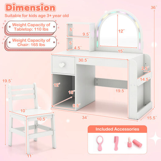 Kids Vanity Table and Chair Set with Lighted Mirror for Kids Aged 3+ Years Old-White W2B