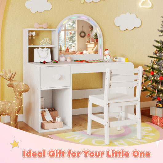 Kids Vanity Table and Chair Set with Lighted Mirror for Kids Aged 3+ Years Old-White W2B