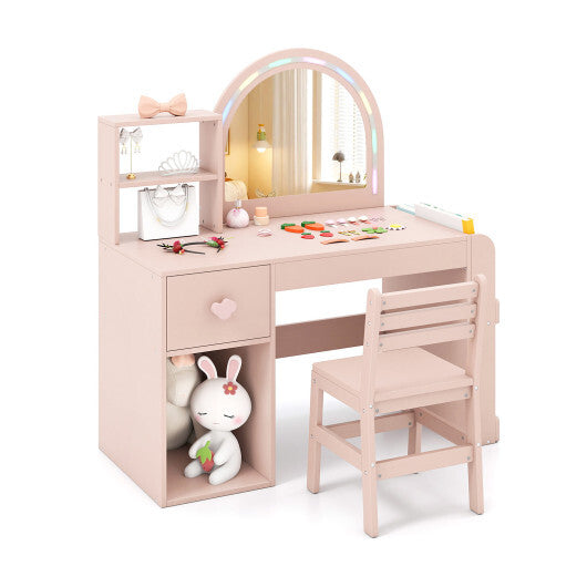 Kids Vanity Table and Chair Set with Lighted Mirror for Kids Aged 3+ Years Old-White W2B