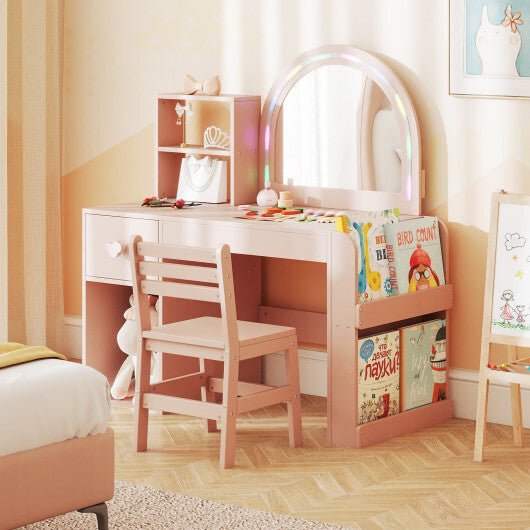 Kids Vanity Table and Chair Set with Lighted Mirror for Kids Aged 3+ Years Old-White W2B