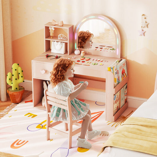 Kids Vanity Table and Chair Set with Lighted Mirror for Kids Aged 3+ Years Old-White W2B