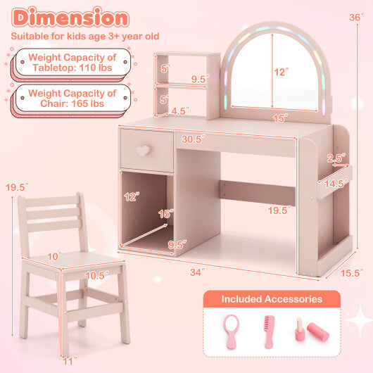 Kids Vanity Table and Chair Set with Lighted Mirror for Kids Aged 3+ Years Old-White W2B