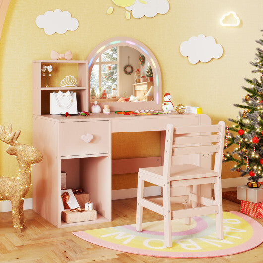 Kids Vanity Table and Chair Set with Lighted Mirror for Kids Aged 3+ Years Old-White W2B