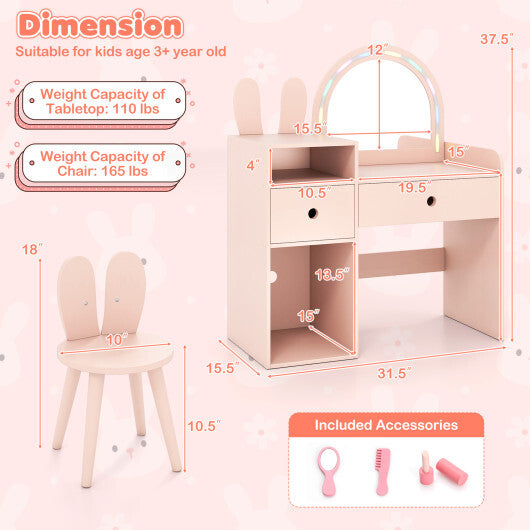 Kids Vanity Desk and Chair Set with Lights  Open Shelves-White