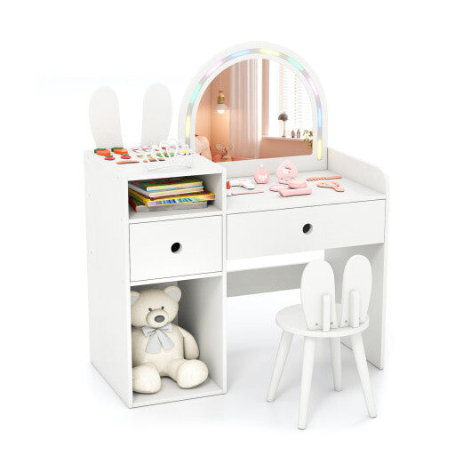 Kids Vanity Desk and Chair Set with Lights  Open Shelves-White