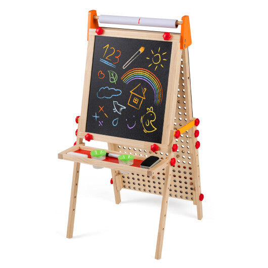 4-in-1 Wooden Kids Art Easel Double-Sided Foldable with Paper Roll and Storage Tray W2B
