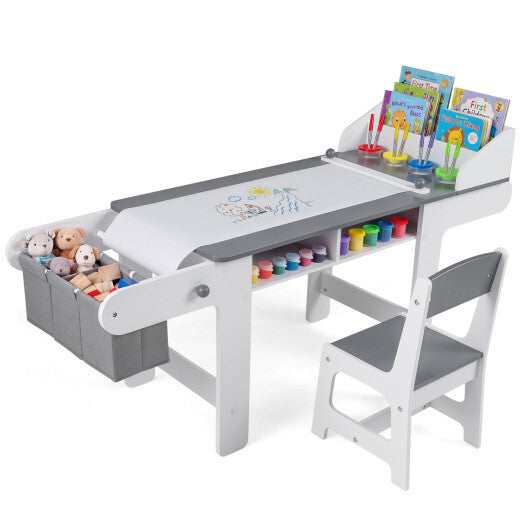 Kids Art Table and Chair with Paper Roll and Fabric Bins for Drawing Reading Studying Playing-Gray W2B