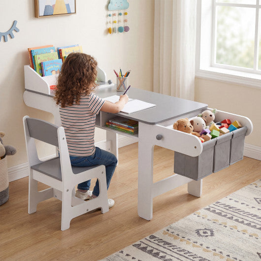 Kids Art Table and Chair with Paper Roll and Fabric Bins for Drawing Reading Studying Playing-Gray W2B