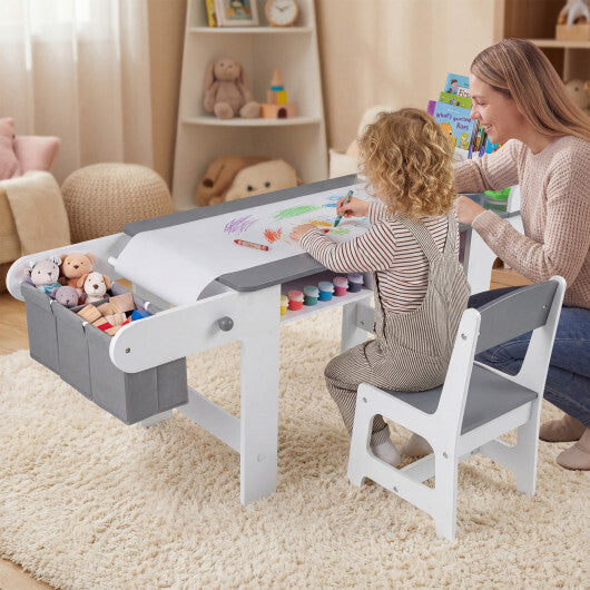 Kids Art Table and Chair with Paper Roll and Fabric Bins for Drawing Reading Studying Playing-Gray W2B