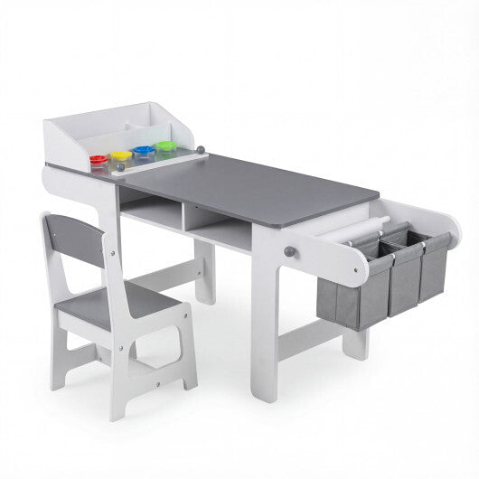 Kids Art Table and Chair with Paper Roll and Fabric Bins for Drawing Reading Studying Playing-Gray W2B