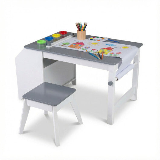 Kids Art Table and Stool Set Toddler Activity Desk with Paper Roll and 4 Paint Cups for Drawing Learning-Gray W2B