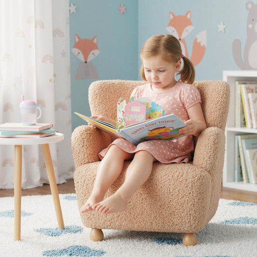 Sherpa Kids Sofa Comfy Toddler Armchair with Solid Rubber Wood Legs-Rustic Brown W2B