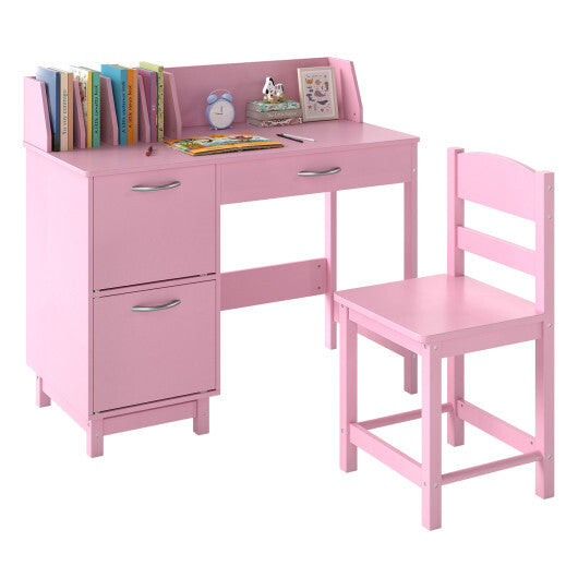 Wooden Kids Study Desk and Chair Set Student Workstation-Pink W2B
