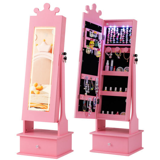 Kids Jewelry Armoire with 3-Color Lighted Full Length Mirror and Inside Led Lights-White W2B