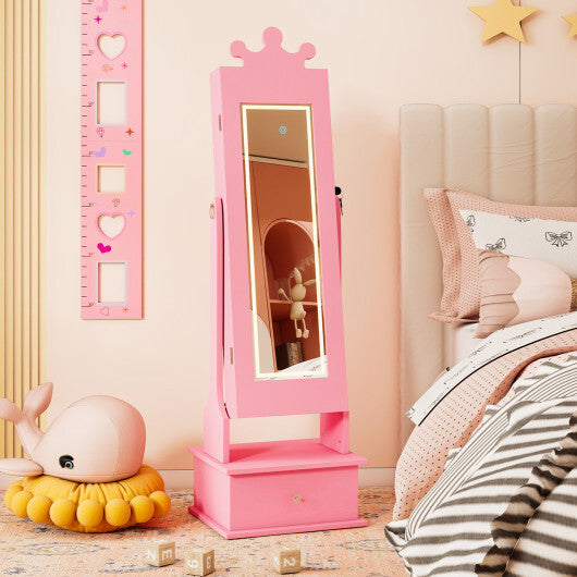 Kids Jewelry Armoire with 3-Color Lighted Full Length Mirror and Inside Led Lights-White W2B