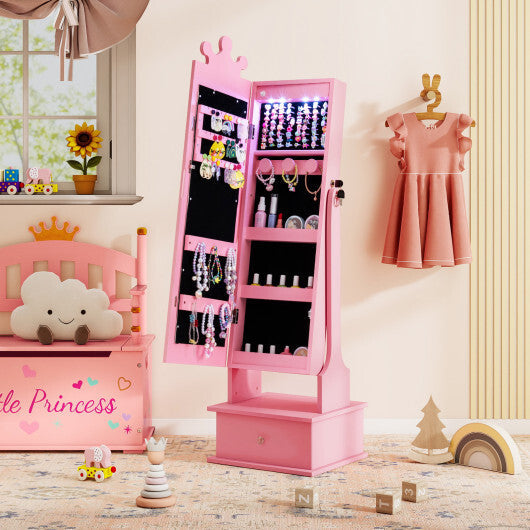 Kids Jewelry Armoire with 3-Color Lighted Full Length Mirror and Inside Led Lights-White W2B