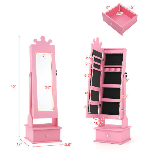 Kids Jewelry Armoire with 3-Color Lighted Full Length Mirror and Inside Led Lights-White W2B