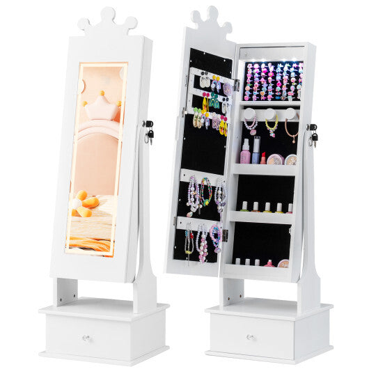 Kids Jewelry Armoire with 3-Color Lighted Full Length Mirror and Inside Led Lights-White W2B