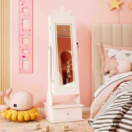 Kids Jewelry Armoire with 3-Color Lighted Full Length Mirror and Inside Led Lights-White W2B