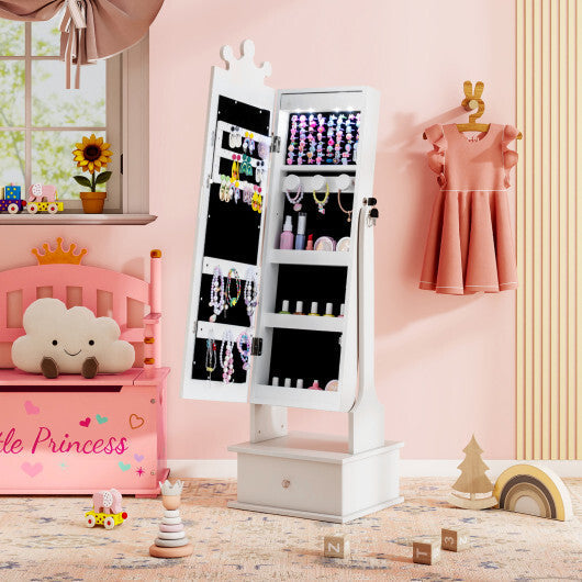 Kids Jewelry Armoire with 3-Color Lighted Full Length Mirror and Inside Led Lights-White W2B