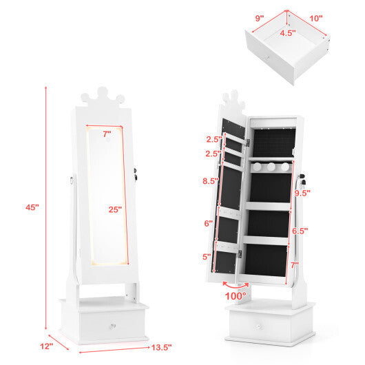 Kids Jewelry Armoire with 3-Color Lighted Full Length Mirror and Inside Led Lights-White W2B