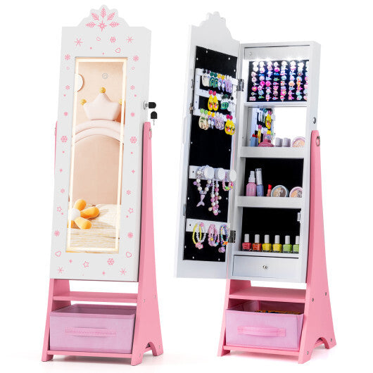 Kids Jewelry Armoire Freestanding Jewelry Cabinet with 3-Color Lighted Full Length Mirror-Pink
