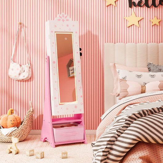 Kids Jewelry Armoire Freestanding Jewelry Cabinet with 3-Color Lighted Full Length Mirror-Pink