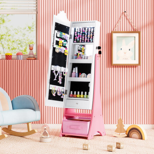 Kids Jewelry Armoire Freestanding Jewelry Cabinet with 3-Color Lighted Full Length Mirror-Pink