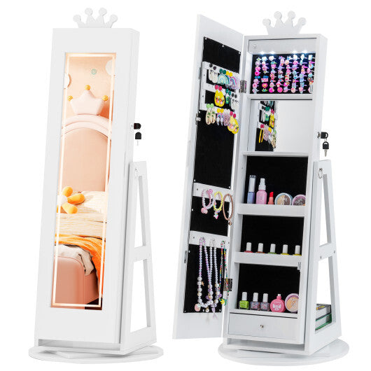 3 In 1 Kids Jewelry Cabinet with 3-Color Lighted Full Length Mirror and Internal Mirror-White W2B