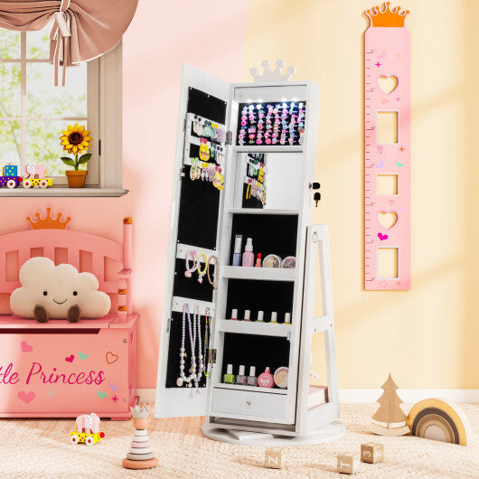 3 In 1 Kids Jewelry Cabinet with 3-Color Lighted Full Length Mirror and Internal Mirror-White W2B
