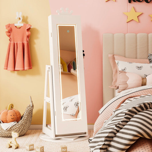 3 In 1 Kids Jewelry Cabinet with 3-Color Lighted Full Length Mirror and Internal Mirror-White W2B