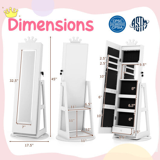 3 In 1 Kids Jewelry Cabinet with 3-Color Lighted Full Length Mirror and Internal Mirror-White W2B