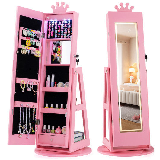 3 In 1 Kids Jewelry Cabinet with 3-Color Lighted Full Length Mirror and Internal Mirror-White W2B
