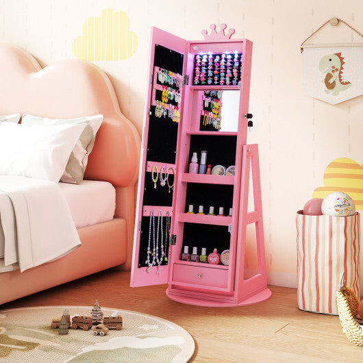 3 In 1 Kids Jewelry Cabinet with 3-Color Lighted Full Length Mirror and Internal Mirror-White W2B