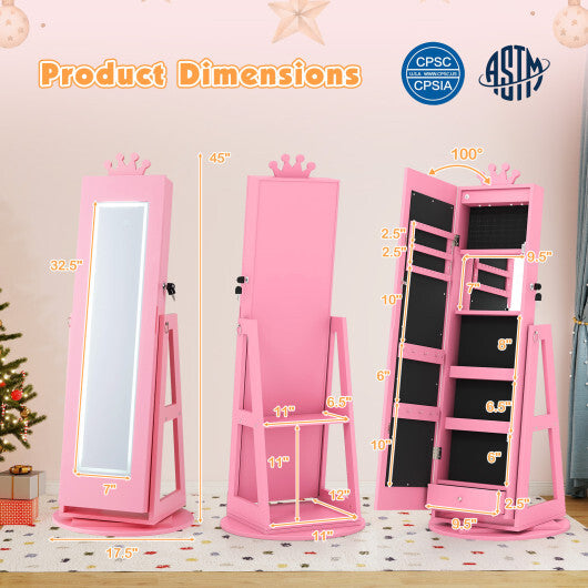 3 In 1 Kids Jewelry Cabinet with 3-Color Lighted Full Length Mirror and Internal Mirror-White W2B