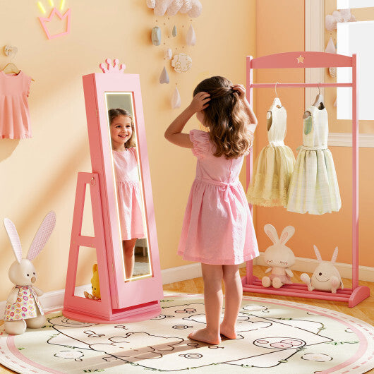 3 In 1 Kids Jewelry Cabinet with 3-Color Lighted Full Length Mirror and Internal Mirror-White W2B