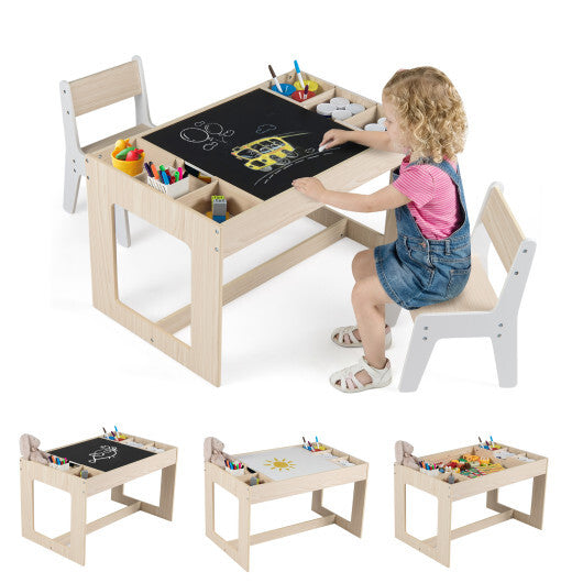 Multifunctional Kids Table and 2 Chairs Set with Chalkboard-Natural W2B