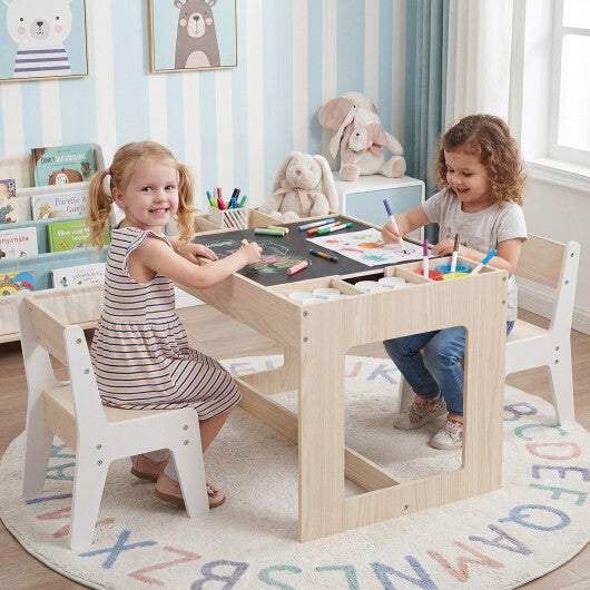 Multifunctional Kids Table and 2 Chairs Set with Chalkboard-Natural W2B