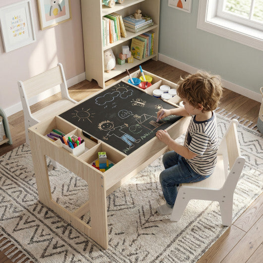 Multifunctional Kids Table and 2 Chairs Set with Chalkboard-Natural W2B