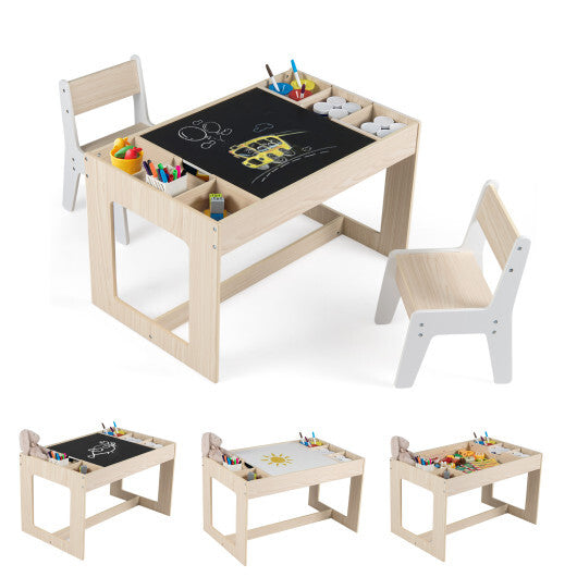 Multifunctional Kids Table and 2 Chairs Set with Chalkboard-Natural W2B