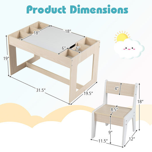 Multifunctional Kids Table and 2 Chairs Set with Chalkboard-Natural W2B