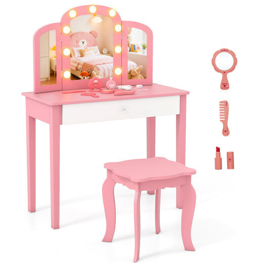 2-in-1 Kids Vanity Table Set with Tri-Folding Detachable Mirror and Lights-Pink W2B