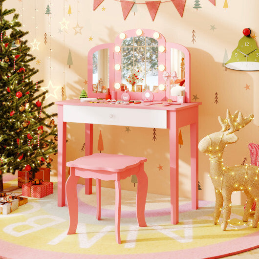 2-in-1 Kids Vanity Table Set with Tri-Folding Detachable Mirror and Lights-Pink W2B