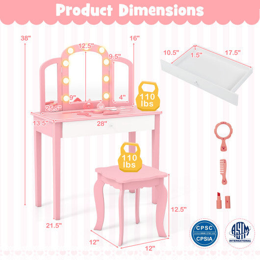 2-in-1 Kids Vanity Table Set with Tri-Folding Detachable Mirror and Lights-Pink W2B